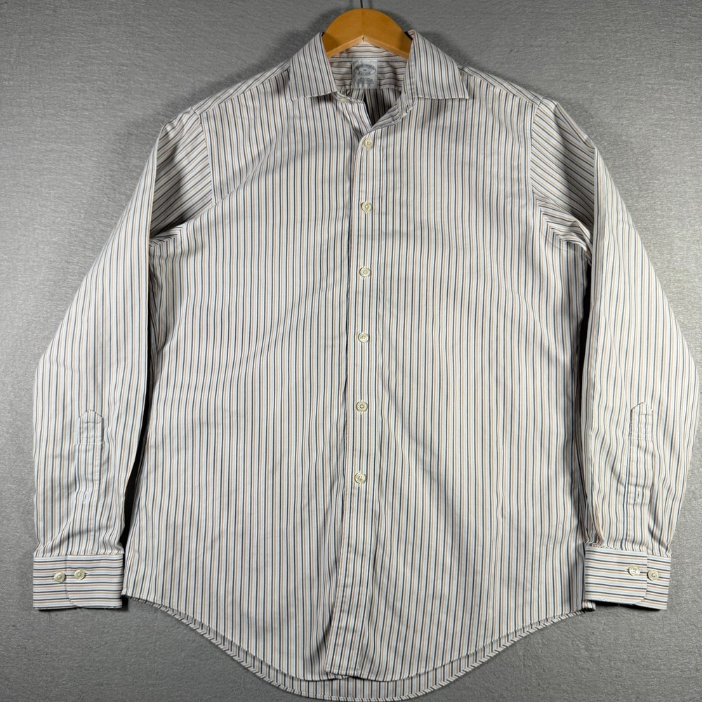 Brooks Brothers Mens Medium Non-Iron Supima Cotton Striped Dress Shirt Blue Tan